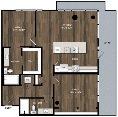 Floor plan for 2 beds, 2 baths, 1096 sqft